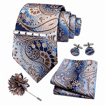 Men 5 pc Formal Tie Set Pocket Square Cufflinks Tie Clip Lapel Pin With Gift Box