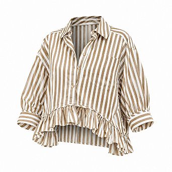 Womens Cotton Cropped Button Down Gingham Plaid Ruffle 3/4 Sleeve Shirt