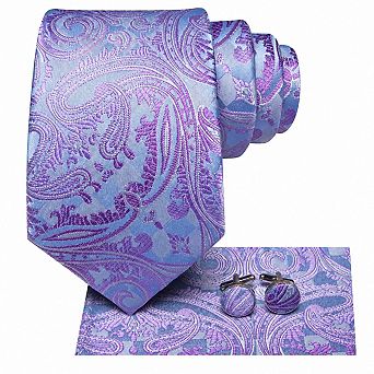 Men Paisley Striped Silk Tie Pocket Square Cufflinks Formal Set