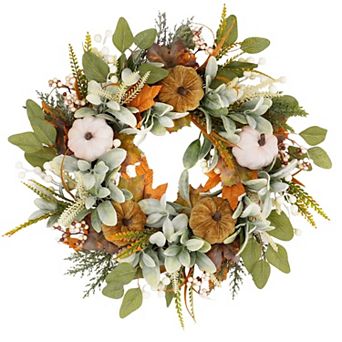 22 Inch Fall Wreath For Front Door With Velvet Pumpkins Farmhouse Thanksgiving Decor