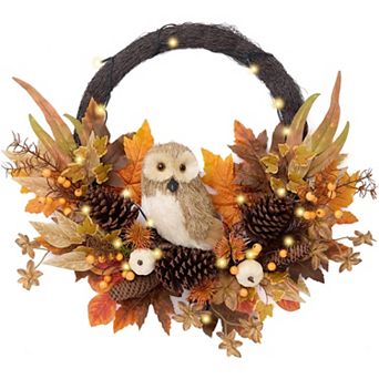 18 Inch Fall Front Door Wreath With Owl Pumpkin