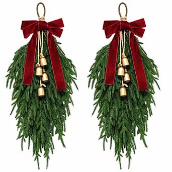 Set of 2 Christmas Teardrop Swag Pine Bells Velvet Bow Front Door Decor
