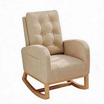 Ergonomic Rocking Chair PU Leather Footrest High Back Wooden Legs 300lb Living Room