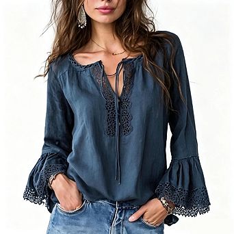 Womens Blouses V Neck T Shirts Long Sleeve Tops Business Casual Boho Flowy Lace Floral V Neck Shirts