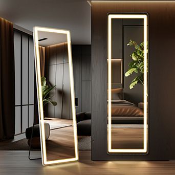 16" x 60" LED Floor Standing Mirror - 3-Color Lighting, Right-Angle Design, Wall Mountable Option
