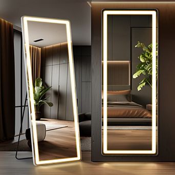 26" x 71" LED Floor Standing Mirror - 3-Color Lighting, Right-Angle Design, Wall Mountable Option
