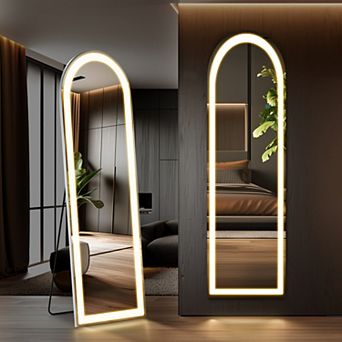 16" x 60" LED Floor Mirror with Rounded Corners - 3-Color Lighting, Floor Stand & Wall Mount Option