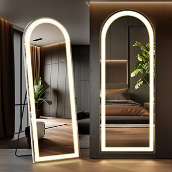 26" x 71" LED Floor Mirror with Rounded Corners - 3-Color Lighting, Floor Stand & Wall Mount Option