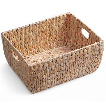 SOLHOME Water Hyacinth Storage Basket with Handles, Arrow Weave Bin for Shelves