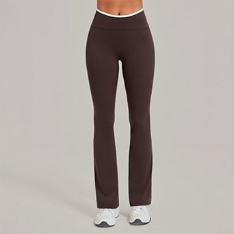 Women's Flared Yoga Pants with Waistband Pocket - Color Block Trim Workout Leggings