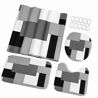 Polyester Geometric Bathroom Shower Curtain Set With Non Slip Rugs And Hooks
