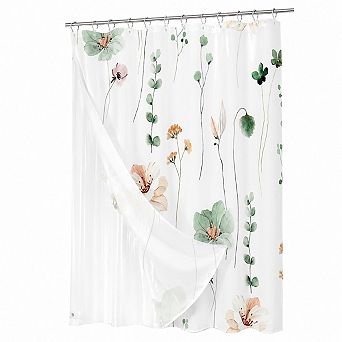 3 in 1 Shower Curtain Set Watercolor Floral Waterproof Fabric With Liner Hooks