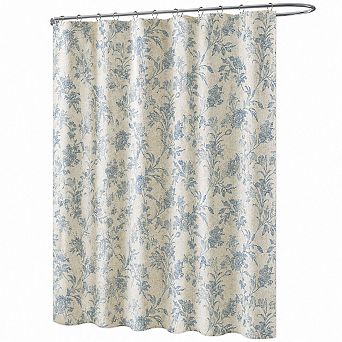 Blue Floral Cotton Linen Blend Shower Curtain With Hooks Soft Durable Machine Washable