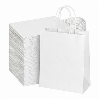 100 Pack Medium White Paper Bags With Handles Bulk Recycled Eco Friendly Grocery Takeout