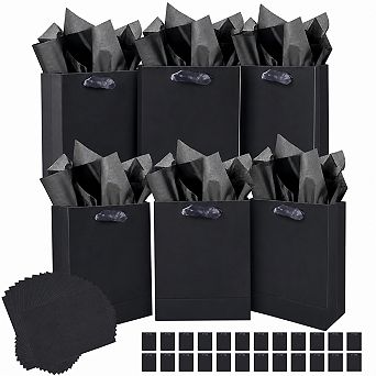 24 Black Gift Bags With Tissue Paper Ribbon Handles Reusable Party Supplies