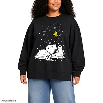Plus Size Peanuts Snoopy & Woodstock Snow Day Oversized Fleece Crew Sweatshirt