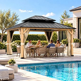 SHADE GRAPHIX 13x15 Hardtop Gazebo, Galvanized Steel Double Roof Gazebo with Netting and Curtains