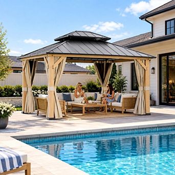 SHADE GRAPHIX 11 ft. W x 13 ft. D Galvanized Steel Double Roof Gazebo with Netting and Curtains