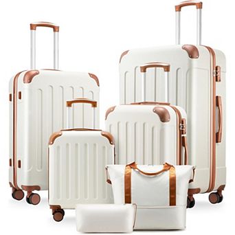 Luggage Sets 6 pc Hardside Suitcase with Wheels, TSA Approved,Tote Bag, White Brown