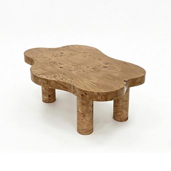 Huoh Irregular Wood Coffee Table, Unique Cloud Top Center Table with Sturdy 4 Round Legs Design