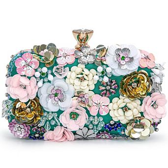 Women Sequin Flower Evening Clutch Handbag Crossbody Purse for Wedding Party