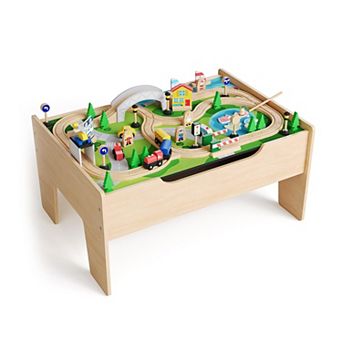 Train Table, Multipurpose Wooden Toy Activity Playset for Children w/Tracks & Drawer, Reversible Top