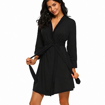 Womens Lightweight Short Knit Bathrobe Soft Sleepwear With 3/4 Sleeves Pockets Belt