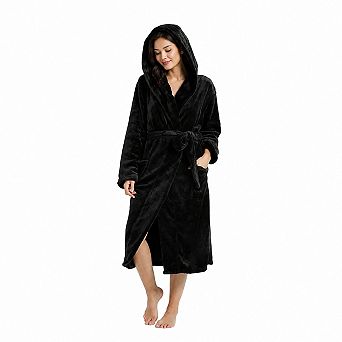 Womens Hooded Fleece Bathrobe Soft Long House Coat With Pockets