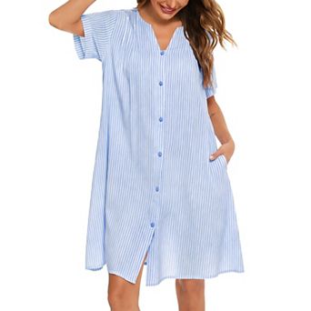 Women Short Sleeve Snap Front Cotton House Coat Lounge Dress With Pockets