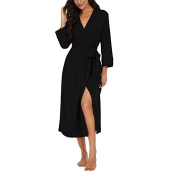 Women Long Knit Bathrobe 3/4 Sleeve Pockets Stretchy Lightweight