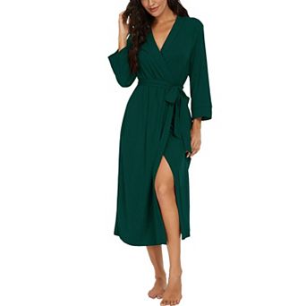 Women Long Knit Bathrobe 3/4 Sleeve Pockets Stretchy Lightweight