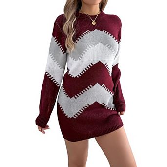 XuBa Women Lantern Sleeve Mini Dress Color Block Knit Sweater Dress