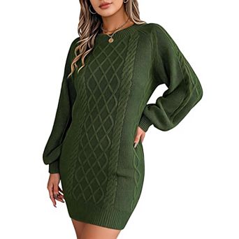 XuBa Women Cable Knit Sweater Dress Lantern Sleeve Bodycon Mini Dress