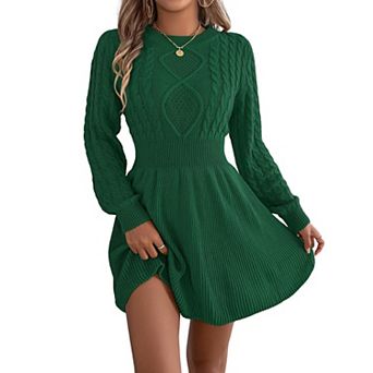 Women Cable Knit Sweater Dress Long Sleeve Crewneck High Waist A Line Mini Pullover