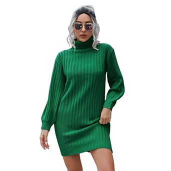 XuBa Women Turtleneck Ribbed Sweater Dress Lantern Sleeve Mini Knit Dress