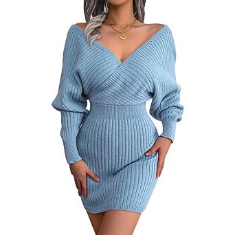 Women Off Shoulder V Neck Knit Sweater Dress Wrap Long Sleeve Bodycon Mini Sweater Dress