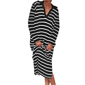 XuBa Women's Striped Midi Sweater Dress V Neck Long Sleeve Side Slit Knit Dress