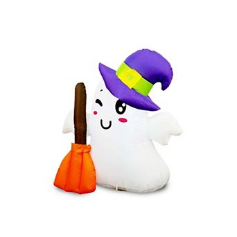 G128 3.5FT Halloween Inflatable Cute Ghost with Witch Hat & Broom
