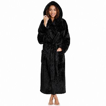 Womens Hooded Sherpa Fleece Robe Long Plush Bathrobe Spa Housecoat With Belt And Pockets