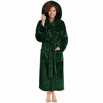 Womens Hooded Sherpa Fleece Robe Long Plush Bathrobe Spa Housecoat With Belt And Pockets