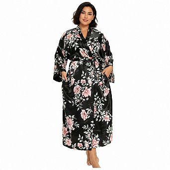 Women's Long Satin Kimono Robe Sleepwear Dressing Gown With Pockets