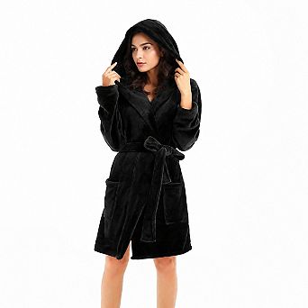 Women Hooded Fleece Bathrobe Soft Warm Spa Lounge Robe With Pockets