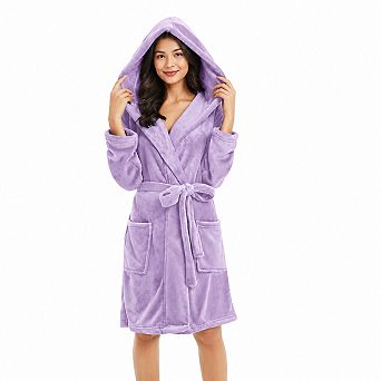 Women Hooded Fleece Bathrobe Soft Warm Spa Lounge Robe With Pockets
