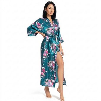 Women's Plus Size Floral Satin Long Robe Dressing Gown Sleepwear