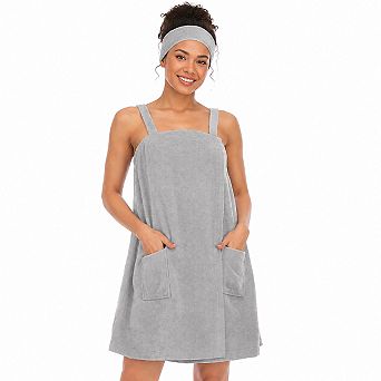 Women Adjustable Bath Wrap Towel With Pocket Spa Robe And Facial Headband