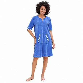 Women Zip Front 3/4 Sleeve Loungewear Robe With Pockets Soft Comfy Housedress