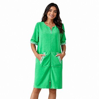 Women Zip Front 3/4 Sleeve Loungewear Robe With Pockets Soft Comfy Housedress