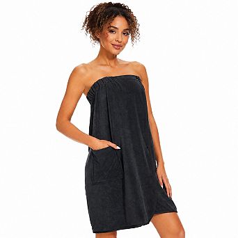 Women Soft Shower Wrap Robe Adjustable Snap Closure Front Pockets Knee Length Spa Towel