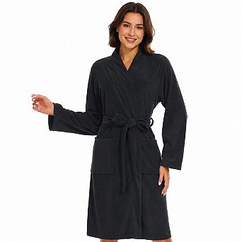 Terry Cloth Women Bath Robe Knee Length With Pockets Absorbent Soft Comfortable