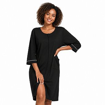 Women 3/4 Sleeve Zipper Bathrobe Cotton Lightweight Housecoat With Pockets